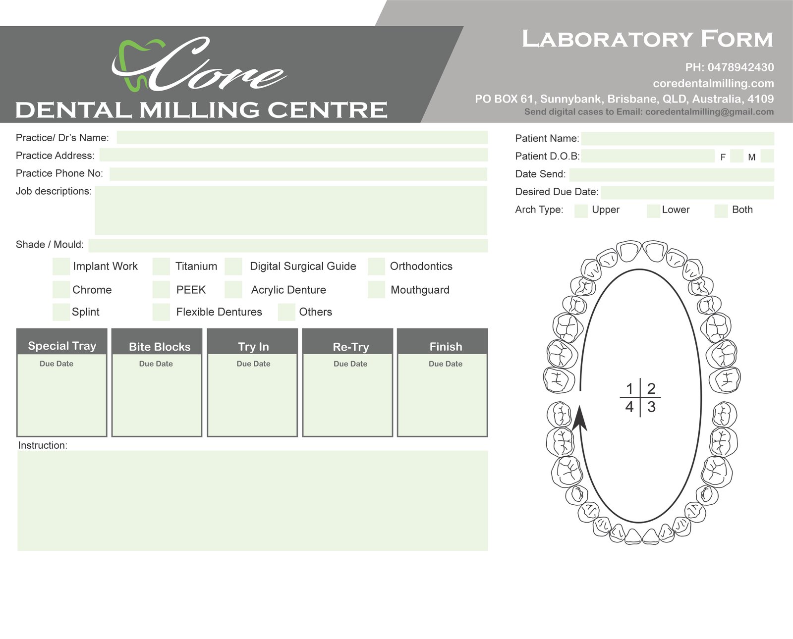 Core Dental Milling Centre Laboratory Form
